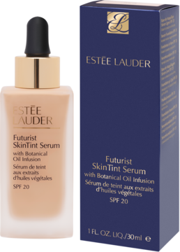 Lekki podkład Estée Lauder Futurist SkinTint Serum 2C3 Fresco, butelka z pipetą obok granatowego pudełka, SPF20.
