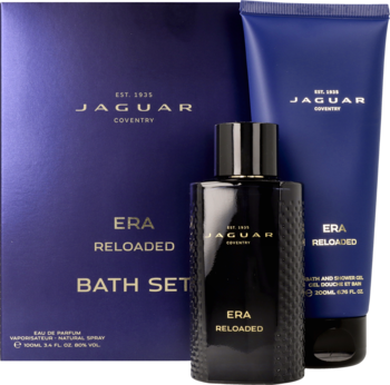 Zestaw męskich perfum Jaguar Era Reloaded: czarny flakon EDP i niebieska tuba w fioletowym pudełku.