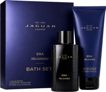 Zestaw męski Jaguar Era Reloaded: czarne perfumy, żel pod prysznic, granatowe pudełko z logo, widok z przodu.