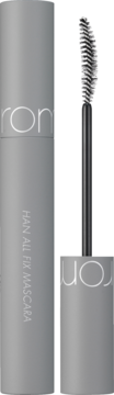 Szara tuba maskary rom&nd Han All Fix Mascara otwarta, z widocznym aplikatorem i czarną szczoteczką.