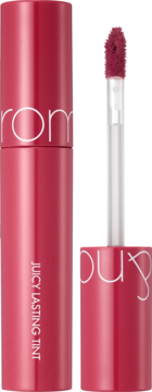 Rom&nd Juicy Lasting Tint #06, fuksjowy błyszczyk z aplikatorem obok, z napisem 'JUICY LASTING TINT'.