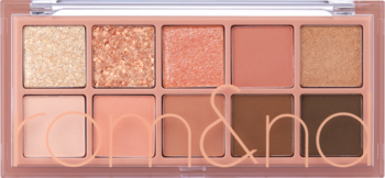 rom&nd Better Than Palette: 10 cieni do powiek, ciepłe odcienie nude i brązu, mat i brokat. Widok z góry.