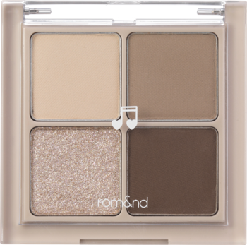 Rom&nd Better Than Eyes paleta cieni nude. Kwadratowy kompakt z 3 matowymi i 1 błyszczącym cieniem, widok z góry.