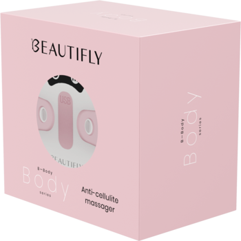 Beautifly B-Body masażer antycellulitowy w różowym pudełku, widok pod kątem, z logo i zdjęciem urządzenia.