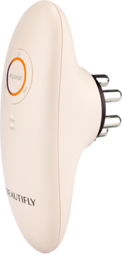 Beautifly EMS & Lipo Massager, beżowy, ergonomiczny, z wtyczką i przyciskiem RELEASE, widok z boku.