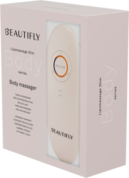 Beżowe pudełko BEAUTIFLY Lipomassage Slim Body massager z białym urządzeniem EMS, widok z przodu pod kątem.