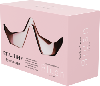 Beautifly Blush różowy masażer pod oczy EMS. Widok z przodu i boku pudełka z falistym urządzeniem.