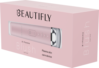 Różowe opakowanie BEAUTIFLY B-Plasma Blush, plasma skin care device, widoczne z boku z różowym urządzeniem.