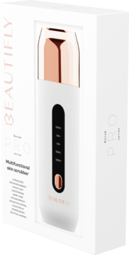 Beautifly B-Scrub PRO, biało-różowozłoty, wielofunkcyjny peeling kawitacyjny, widoczny w białym pudełku.