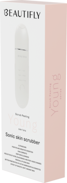 Białe opakowanie Beautifly B-Scrub Young, soniczny peeling kawitacyjny, z różowym bokiem, widok pod kątem.
