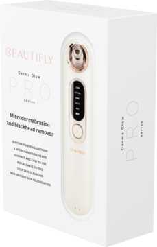 Białe pudełko BEAUTIFLY Derma Glow PRO z widocznym urządzeniem do mikrodermabrazji, złoto-beżowe. Widok z przodu.