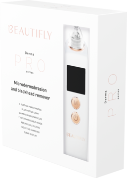 Beautifly Derma PRO, urządzenie do mikrodermabrazji, w białym pudełku z opisem, widok pod kątem.