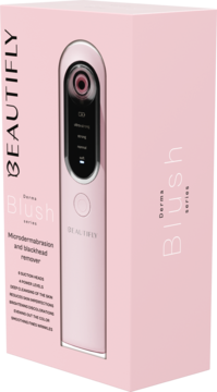 Różowe opakowanie urządzenia Beautifly B-Derma Blush do mikrodermabrazji, widok z przodu, z widocznym urządzeniem.