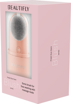 Różowa szczoteczka soniczna BEAUTIFLY Fresh Duo Care Blush 2w1 w pudełku z okienkiem, widok z przodu pod kątem.