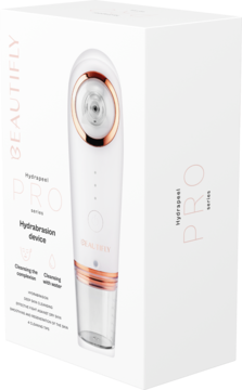 Beautifly B-Hydrapeel PRO, białe urządzenie do hydrabrazji, w eleganckim białym pudełku, widok pod kątem.