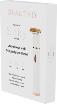 Beautifly My Blade Silky – wielofunkcyjna golarka damska z 24k złotą głowicą, w białym pudełku obok urządzenia.