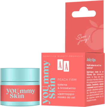 Ujędrniająca maska do ust AA You.mmy Skin Peach Firm w turkusowym słoiczku obok brzoskwiniowego opakowania.