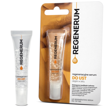 Opakowanie i transparentna tubka Regenerum Regeneracyjne serum do ust olejek w żelu z kuleczkami.