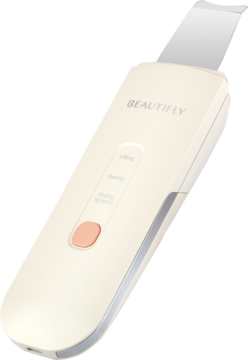 Beautifly Scrub Aqua Glow PRO, beżowy przyrząd do peelingu kawitacyjnego z metalową końcówką, widok z przodu.