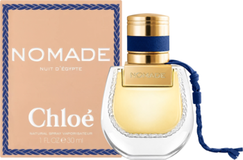 Chloé Nomade Nuit D'Egypte woda perfumowana, butelka z niebieskim paskiem obok pomarańczowego pudełka.