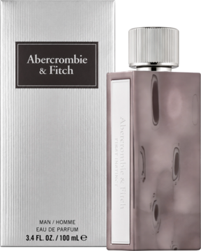 Abercrombie & Fitch Man EDP w srebrnym pudełku i brązowej butelce z metalowym korkiem, widok z przodu.