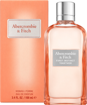 Abercrombie & Fitch First Instinct Together woda perfumowana dla kobiet 100ml. Widok na butelkę i brzoskwiniowe pudełko.