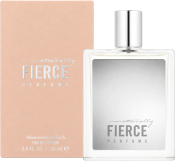 Abercrombie & Fitch Naturally Fierce woda perfumowana. Biała butelka z srebrnym kapturem, jasnoróżowe pudełko, widok z przodu.