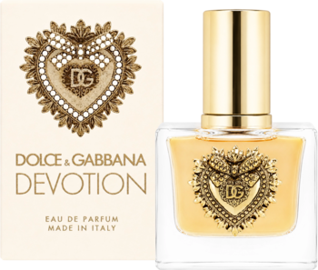 Perfumy Dolce & Gabbana Devotion EDP, złota butelka z sercem i beżowe pudełko z napisem. Widok z przodu.