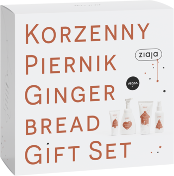 Front view of Ziaja Korzenny Piernik Ginger Bread Gift Set, a white box with brown text and product illustrations.
