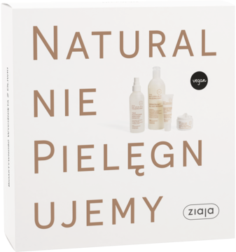 Wegański zestaw do pielęgnacji Ziaja Naturalnie Pielęgnujemy. Białe pudełko z brązowym napisem i grafiką kosmetyków.