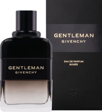 Woda perfumowana Givenchy Gentleman Boisée, czarna butelka i opakowanie, złote napisy, drzewny zapach.