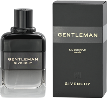Givenchy Gentleman Boisée męska woda perfumowana. Ciemna butelka i czarne pudełko z złotymi napisami, widok z przodu.
