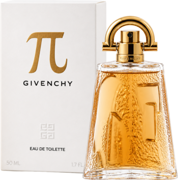 Givenchy Pi woda toaletowa męska. Złoty flakon z symbolem pi obok białego pudełka z pi, widok z przodu.
