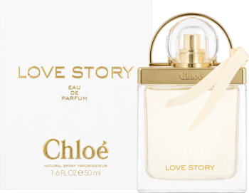Chloé Love Story Eau de Parfum, białe opakowanie i szklana butelka z złotym korkiem i wstążką, widok z przodu.