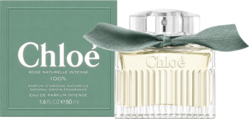 Chloé Rose Naturelle Intense woda perfumowana dla kobiet. Szklana butelka z zieloną wstążką i pudełkiem, widok z przodu.