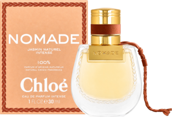 Chloé Nomade Jasmin Naturel Intense woda perfumowana, butelka 30ml ze sznurkiem i brzoskwiniowe pudełko, widok z przodu.