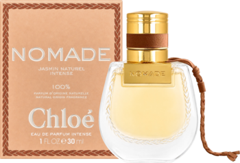 Chloé Nomade Jasmin Naturel Intense 30ml, złota butelka z brązowym paskiem i beżowe pudełko. 100% naturalnych składników.