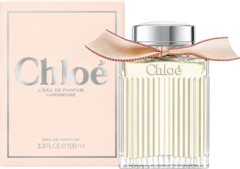 Chloé Lumineuse woda perfumowana 100ml. Ryflowana butelka z różową kokardką i jasnoróżowe pudełko, przód.