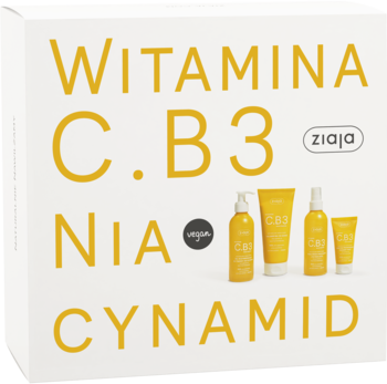 Biały zestaw kosmetyków Ziaja Witamina C B3 Niacynamid, z żółtymi napisami i wizualizacją 4 produktów.