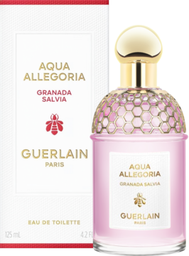 Guerlain Aqua Allegoria Granada Salvia EDT, różowa butelka z złotym deklem i pszczelim dekorem, obok białe pudełko.