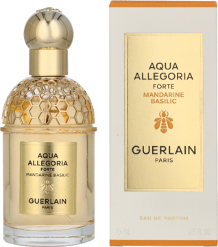 Guerlain Aqua Allegoria Forte Mandarine Basilic EDP, złota butelka i beżowe pudełko z pszczelim logo, widok z przodu.