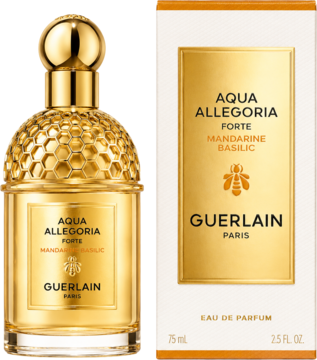 Złota woda perfumowana Guerlain Aqua Allegoria Forte Mandarine Basilic i pudełko, widok z przodu.