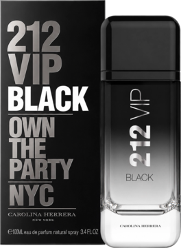 212 VIP Black Men woda perfumowana od Carolina Herrera; czarna butelka i pudełko ze srebrnym napisem, widok z przodu.