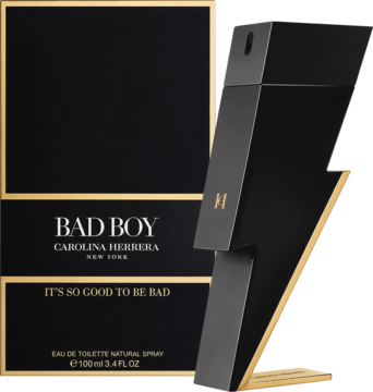 Bad Boy Carolina Herrera EDT 100ml: czarna butelka w kształcie błyskawicy, obok czarne pudełko ze złotym brzegiem.
