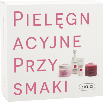Białe pudełko Ziaja Pielęgnacyjne przysmaki, z różowym napisem i zdjęciem różowych kosmetyków truskawkowych pianek, ujęcie pod kątem.