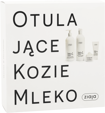 Biały zestaw prezentowy Ziaja Otulające Kozie Mleko, widok z przodu. Czarne napisy, logo i białe butelki w oknie.