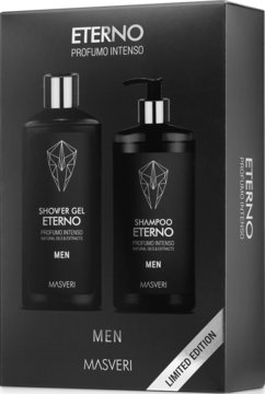Zestaw Masveri Eterno: nawilżający szampon i żel pod prysznic dla mężczyzn, czarne butelki w pudełku.