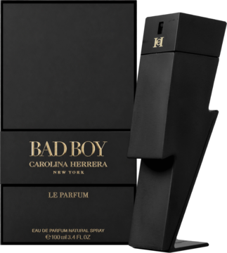 Męskie perfumy Carolina Herrera Bad Boy Le Parfum 100ml w czarnej butelce pioruna obok eleganckiego pudełka.
