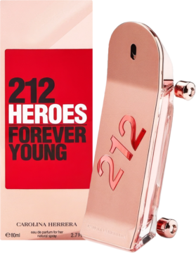 Damska woda perfumowana Carolina Herrera 212 Heroes Forever Young: różowo-złota butelka-deskorolka i pudełko.