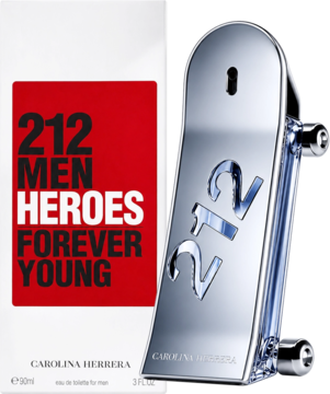 212 Heroes Forever Young woda toaletowa dla mężczyzn, srebrna butelka deskorolka z logo obok białego pudełka.